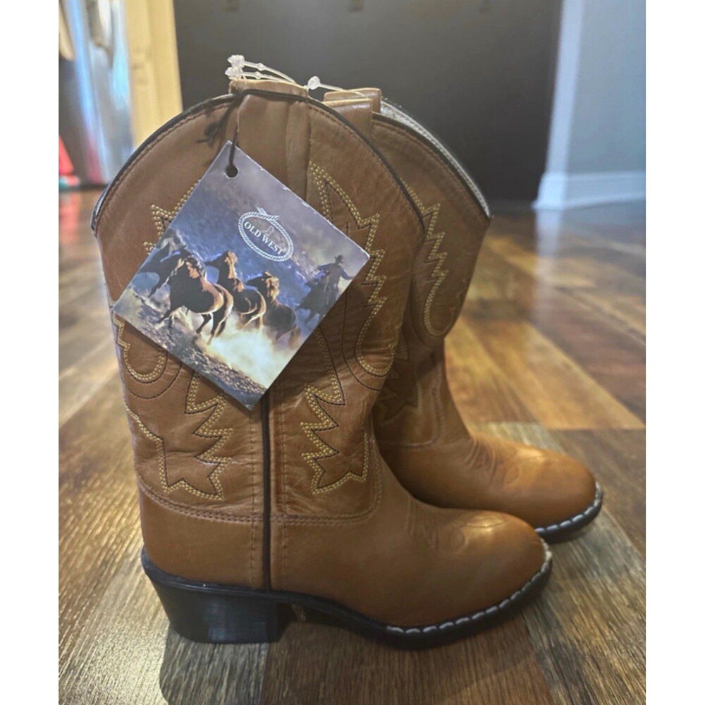 Old West Kids Brown Leather Western Ankle Pull-On Boots Embroidered Round Toe